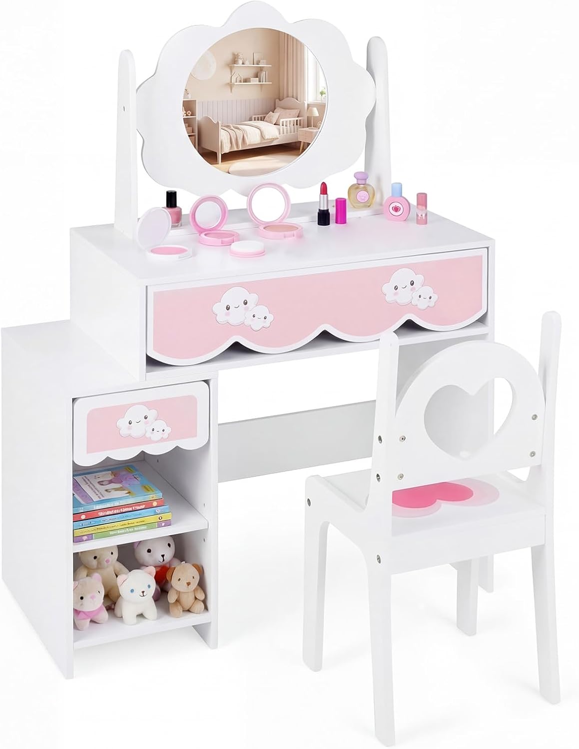 Olakids Wooden Kids Vanity Set, 360° Swivel Mirror, Storage Shelves & Drawers, Table Chair for Girls 3+