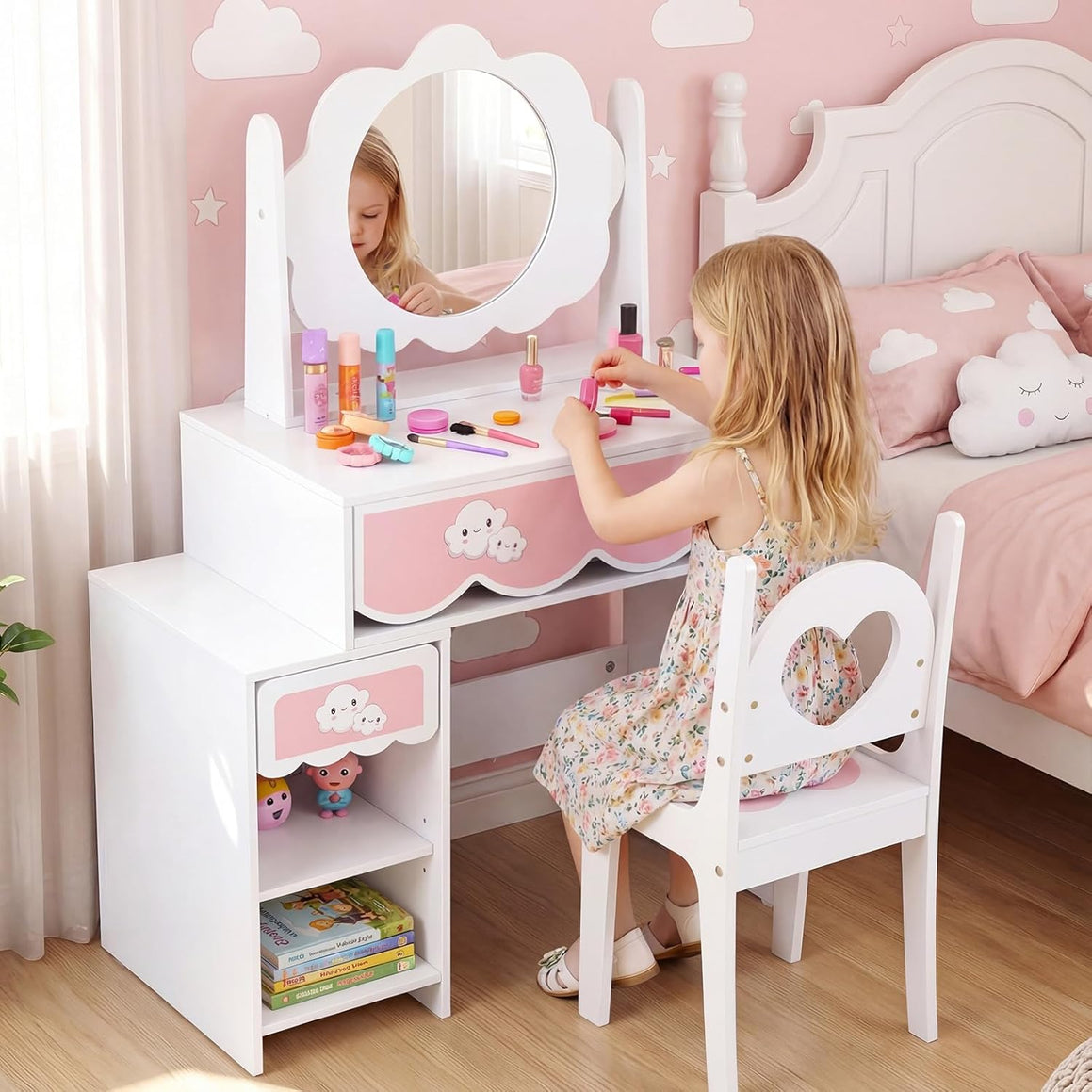 Olakids Wooden Kids Vanity Set, 360° Swivel Mirror, Storage Shelves & Drawers, Table Chair for Girls 3+