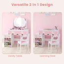Olakids Wooden Kids Vanity Set, 360° Swivel Mirror, Storage Shelves & Drawers, Table Chair for Girls 3+