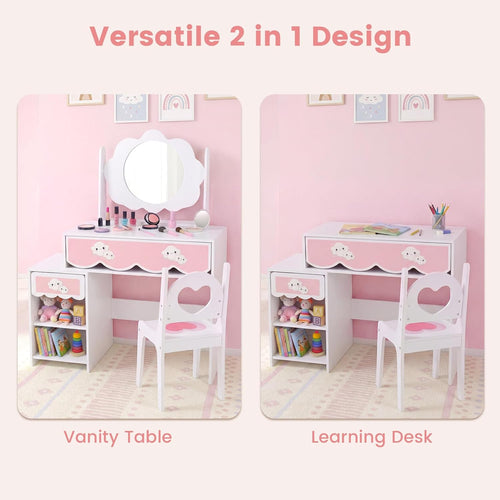 Olakids Wooden Kids Vanity Set, 360° Swivel Mirror, Storage Shelves & Drawers, Table Chair for Girls 3+