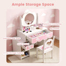 Olakids Wooden Kids Vanity Set, 360° Swivel Mirror, Storage Shelves & Drawers, Table Chair for Girls 3+