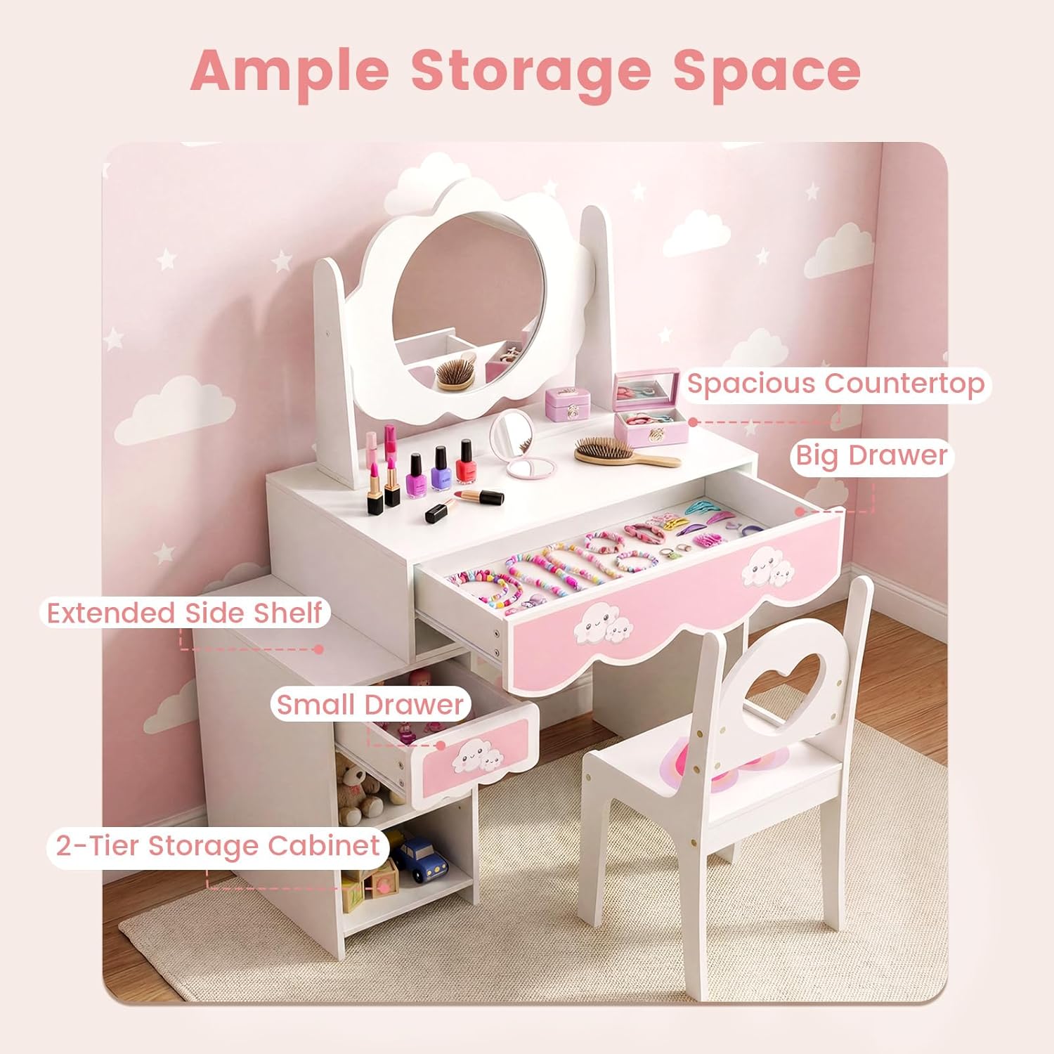 Olakids Wooden Kids Vanity Set, 360° Swivel Mirror, Storage Shelves & Drawers, Table Chair for Girls 3+