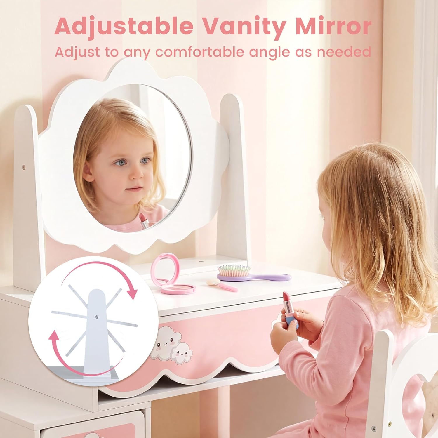 Olakids Wooden Kids Vanity Set, 360° Swivel Mirror, Storage Shelves & Drawers, Table Chair for Girls 3+