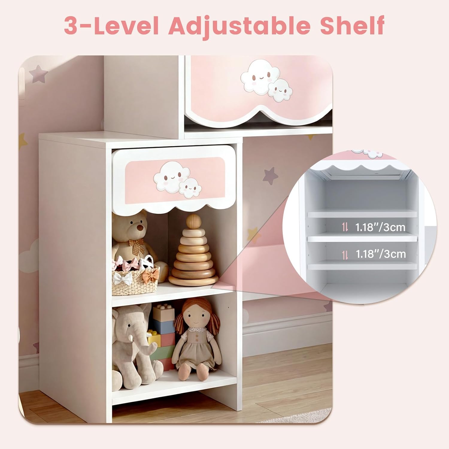 Olakids Wooden Kids Vanity Set, 360° Swivel Mirror, Storage Shelves & Drawers, Table Chair for Girls 3+
