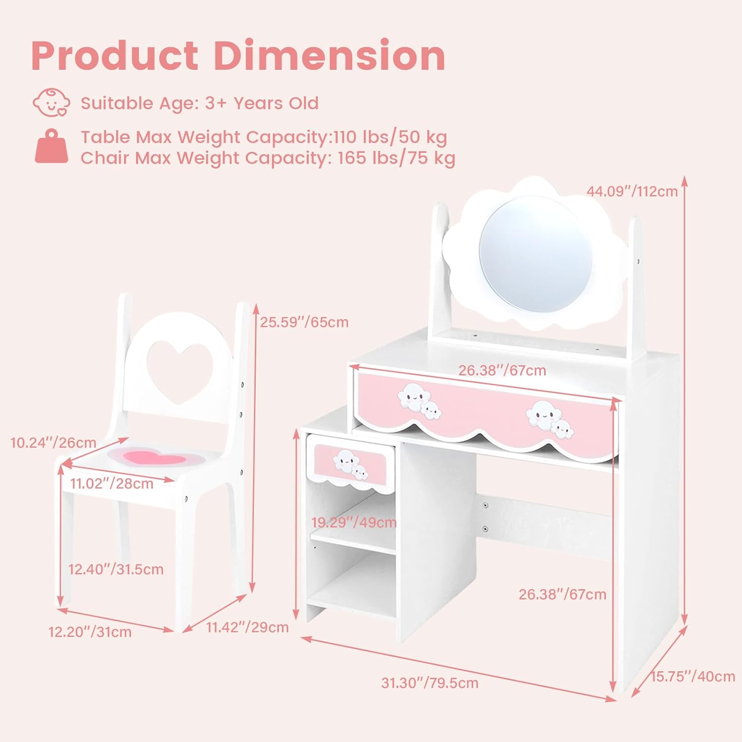 Olakids Wooden Kids Vanity Set, 360° Swivel Mirror, Storage Shelves & Drawers, Table Chair for Girls 3+