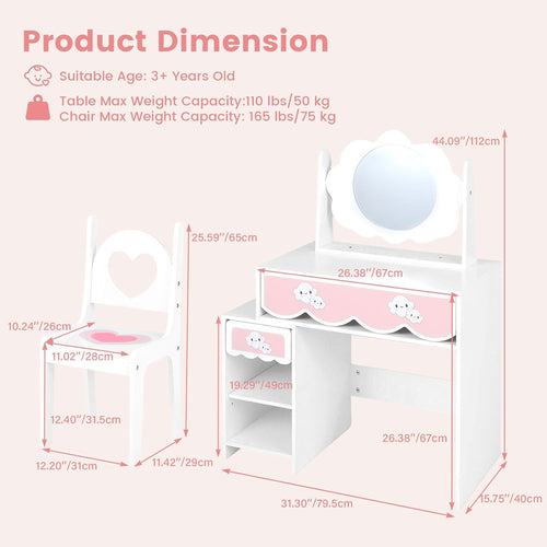 Olakids Wooden Kids Vanity Set, 360° Swivel Mirror, Storage Shelves & Drawers, Table Chair for Girls 3+