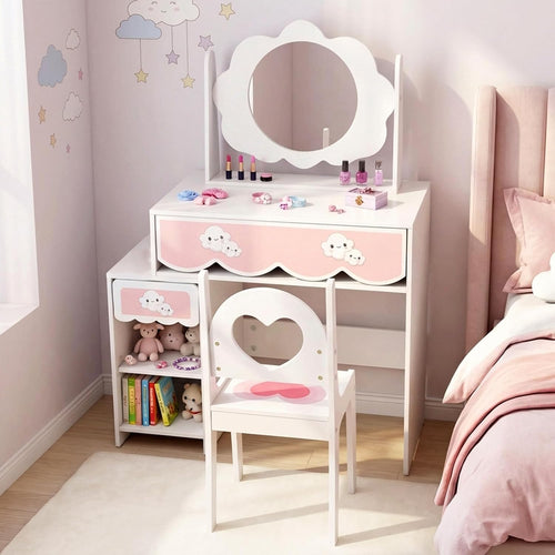 Olakids Wooden Kids Vanity Set, 360° Swivel Mirror, Storage Shelves & Drawers, Table Chair for Girls 3+
