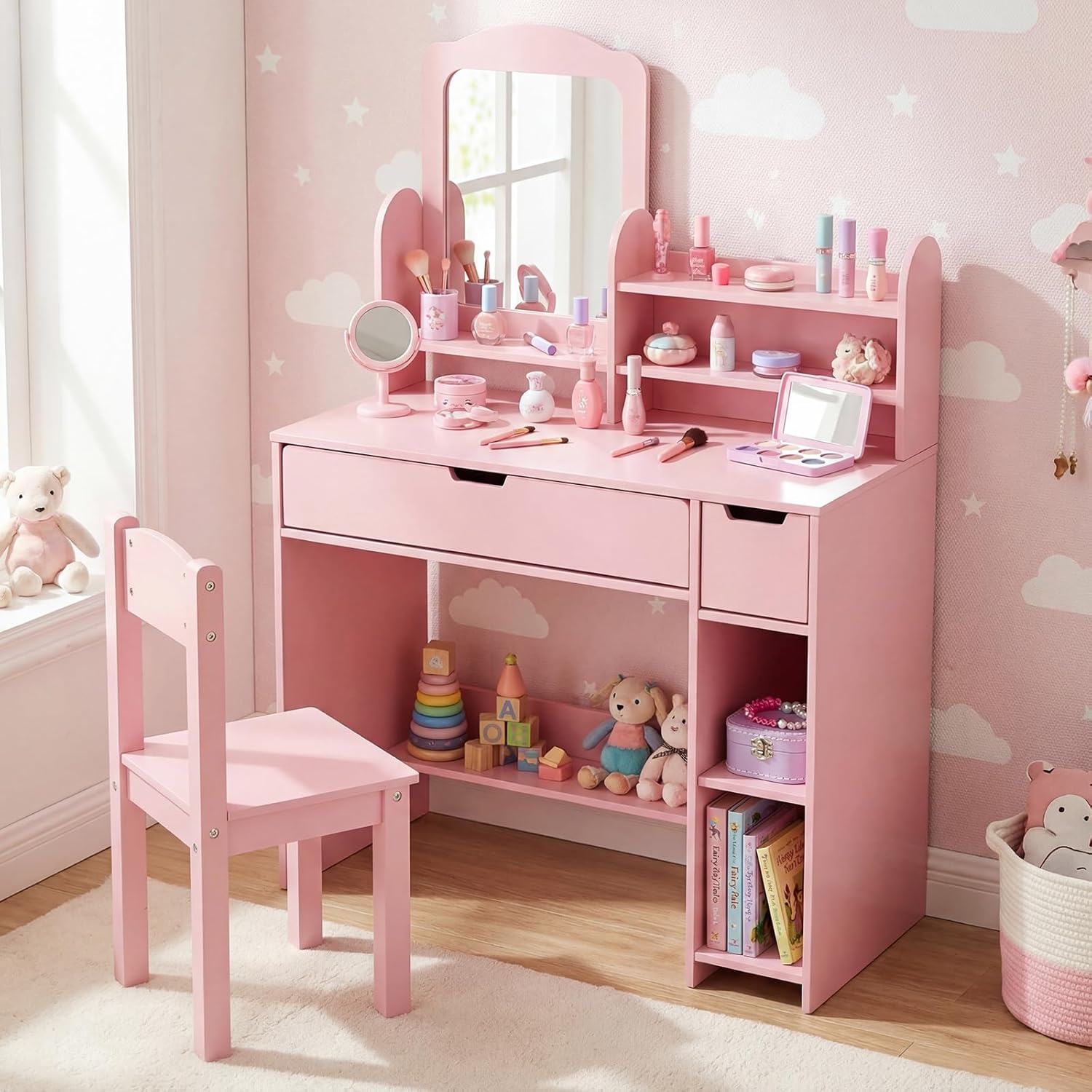 Olakids Kids Vanity Table & Chair Set, Princess Makeup Desk with Mirror, Storage Shelves & Drawers, Pretend Playset for Girls 3+