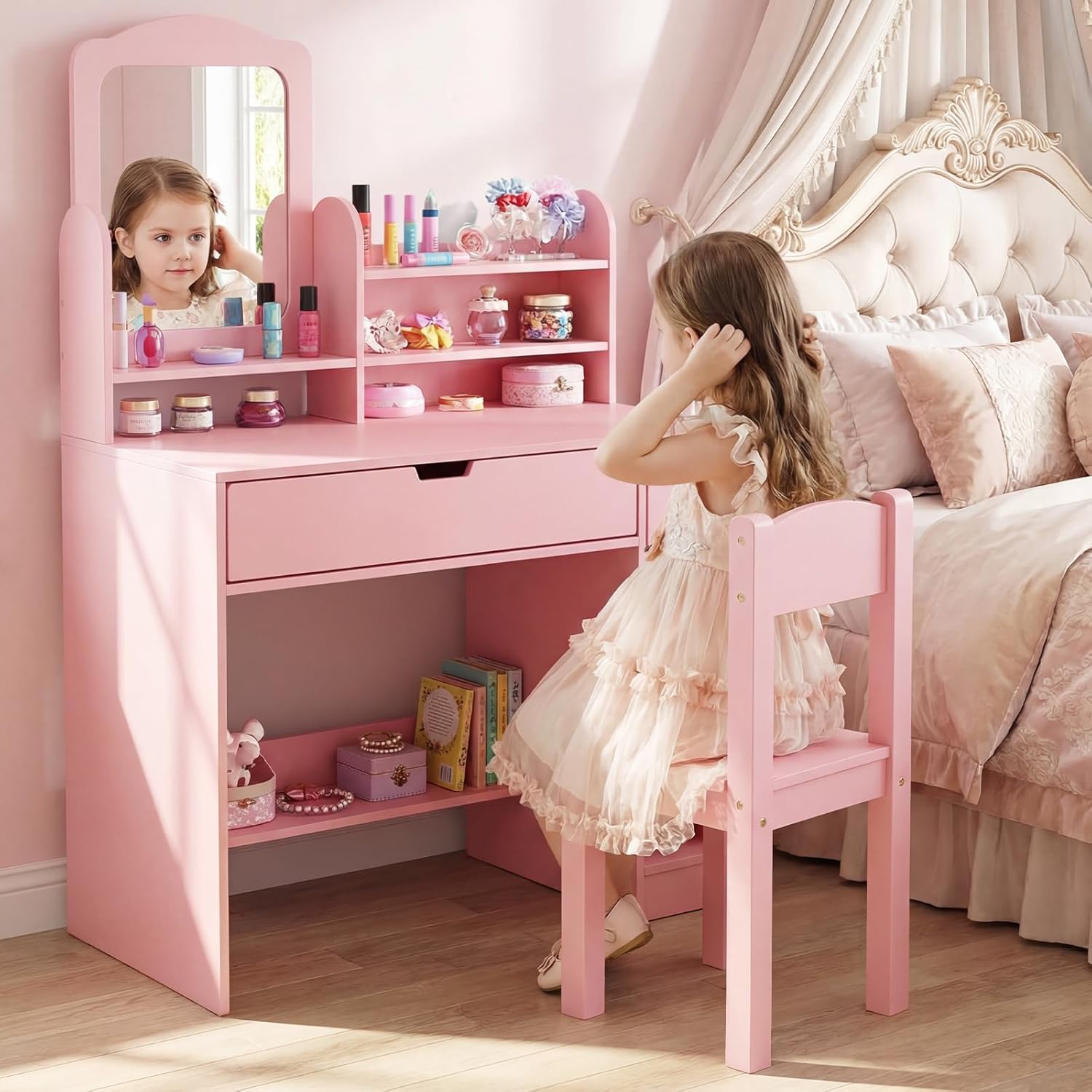 Olakids Kids Vanity Table & Chair Set, Princess Makeup Desk with Mirror, Storage Shelves & Drawers, Pretend Playset for Girls 3+