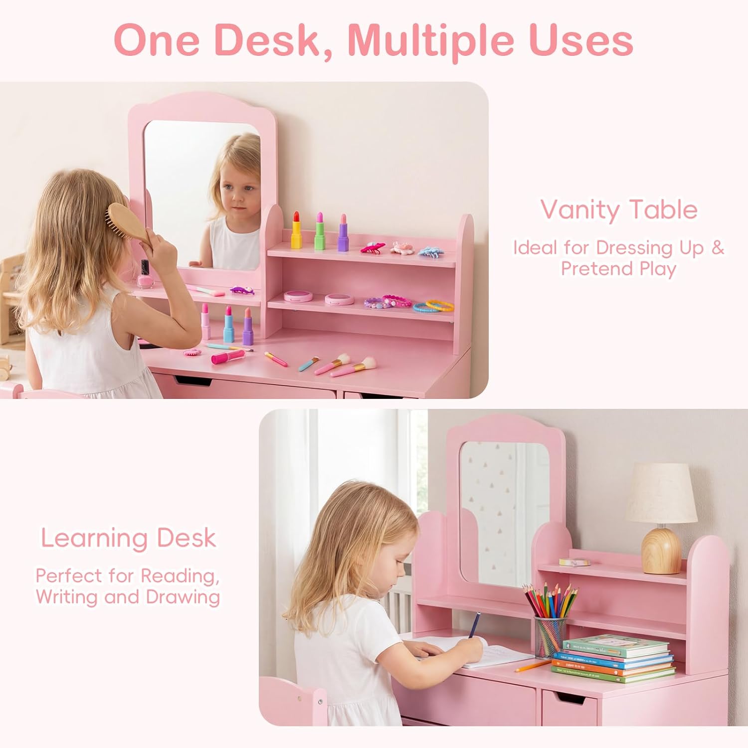 Olakids Kids Vanity Table & Chair Set, Princess Makeup Desk with Mirror, Storage Shelves & Drawers, Pretend Playset for Girls 3+