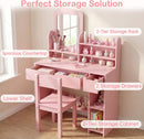 Olakids Kids Vanity Table & Chair Set, Princess Makeup Desk with Mirror, Storage Shelves & Drawers, Pretend Playset for Girls 3+