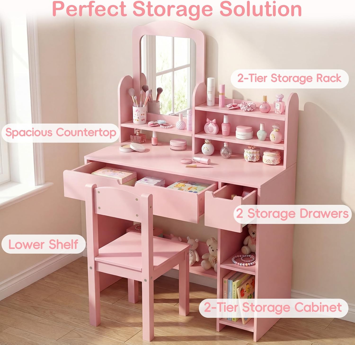 Olakids Kids Vanity Table & Chair Set, Princess Makeup Desk with Mirror, Storage Shelves & Drawers, Pretend Playset for Girls 3+
