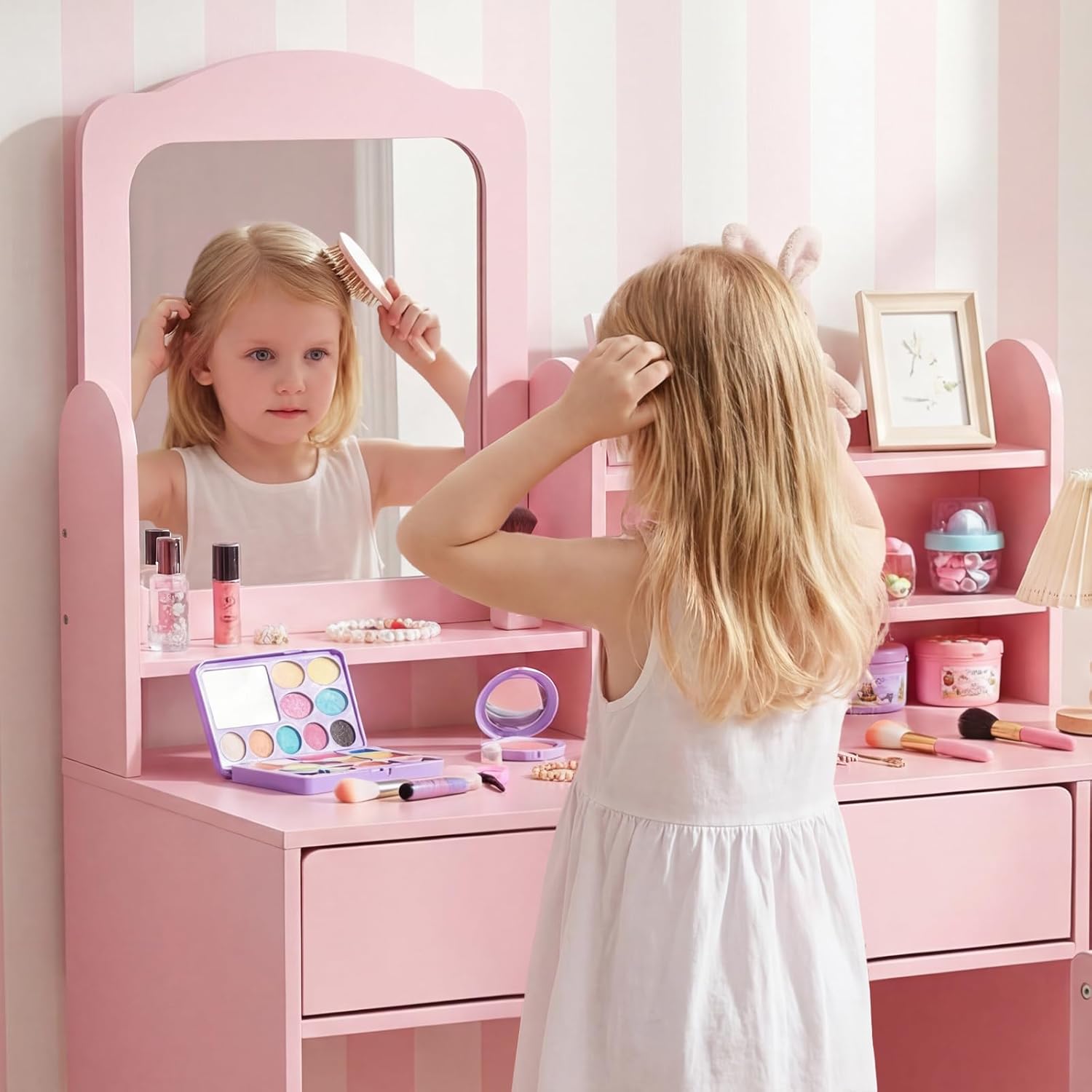 Olakids Kids Vanity Table & Chair Set, Princess Makeup Desk with Mirror, Storage Shelves & Drawers, Pretend Playset for Girls 3+