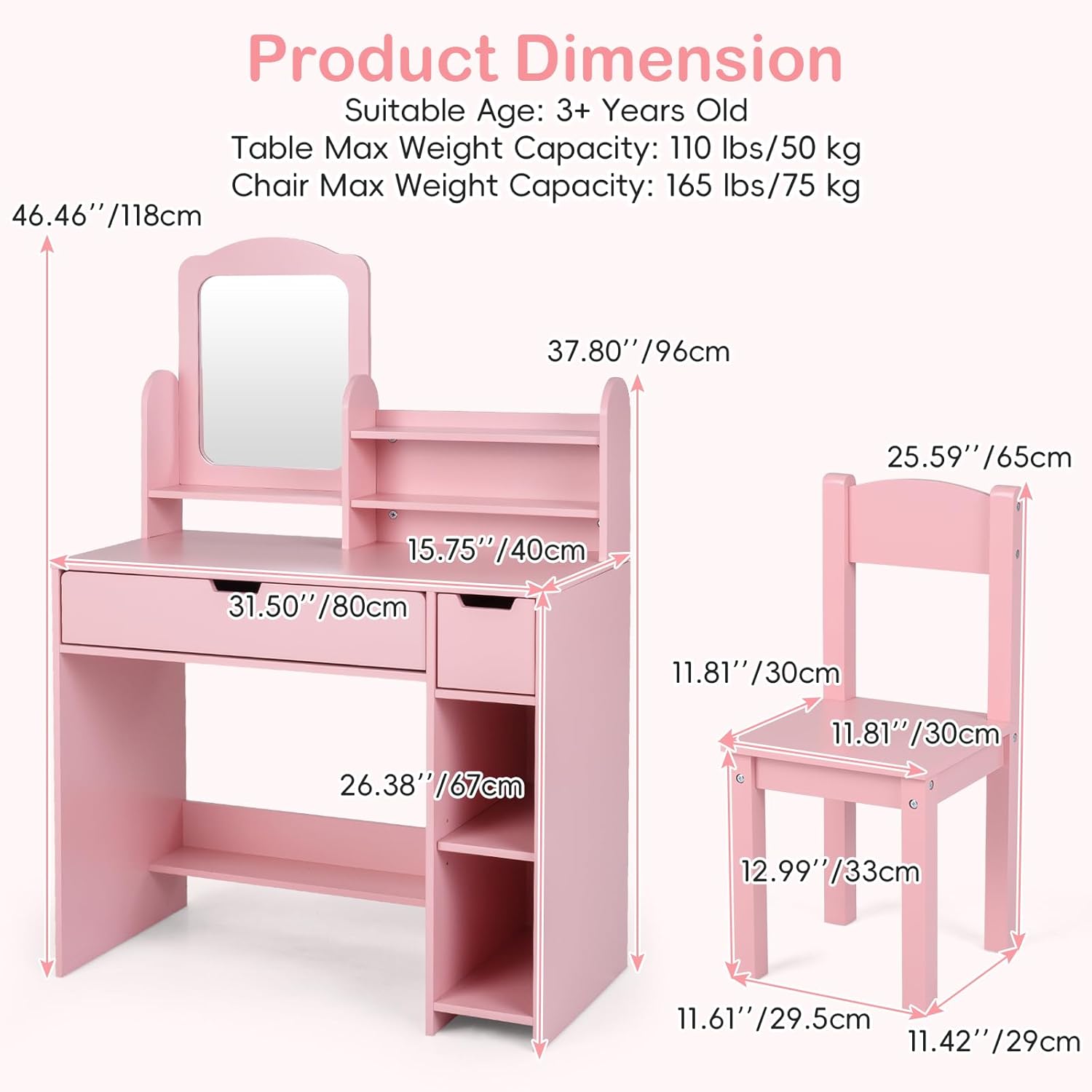 Olakids Kids Vanity Table & Chair Set, Princess Makeup Desk with Mirror, Storage Shelves & Drawers, Pretend Playset for Girls 3+