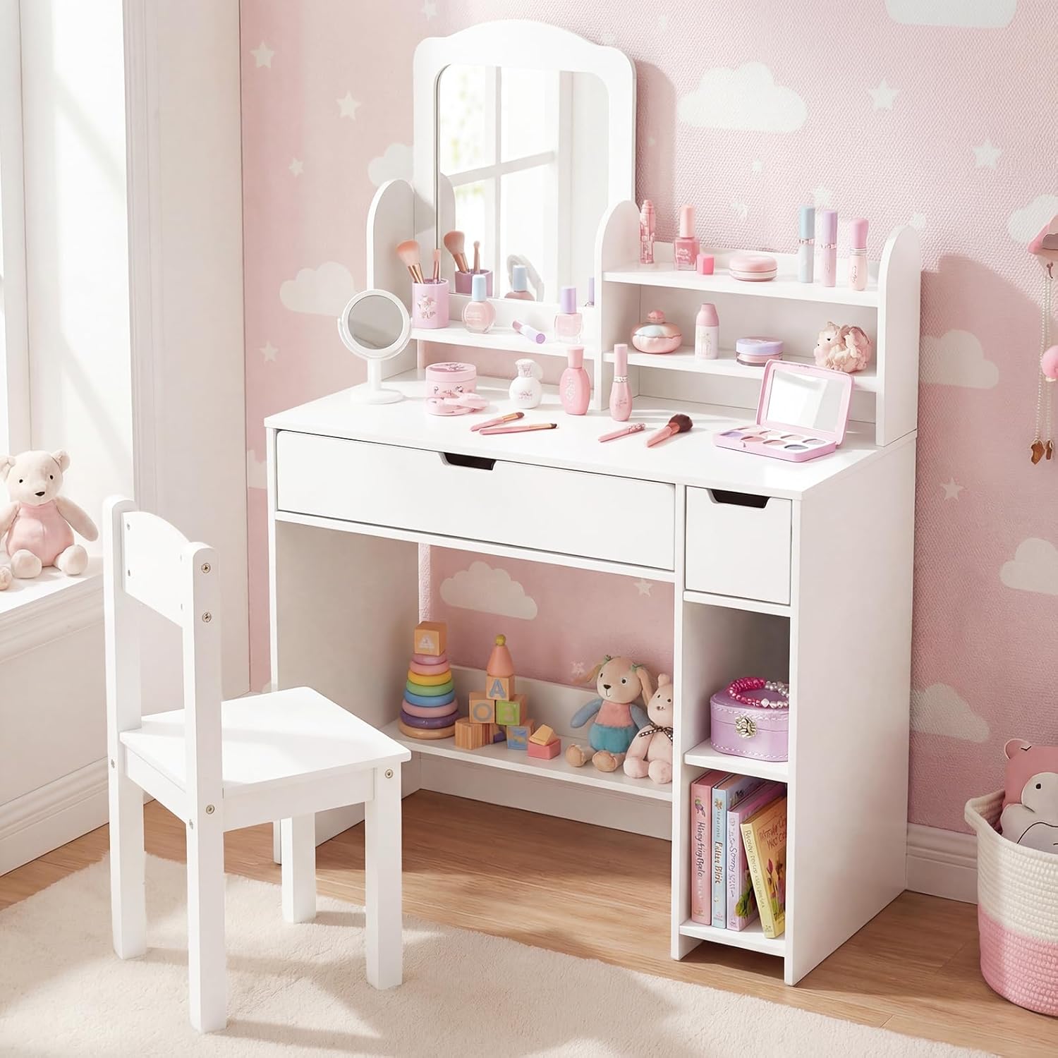 Olakids Kids Vanity Table & Chair Set, Princess Makeup Desk with Mirror, Storage Shelves & Drawers, Pretend Playset for Girls 3+