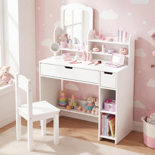 Olakids Kids Vanity Table & Chair Set, Princess Makeup Desk with Mirror, Storage Shelves & Drawers, Pretend Playset for Girls 3+