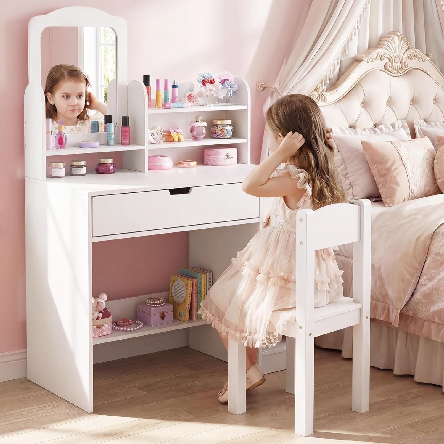 Olakids Kids Vanity Table & Chair Set, Princess Makeup Desk with Mirror, Storage Shelves & Drawers, Pretend Playset for Girls 3+