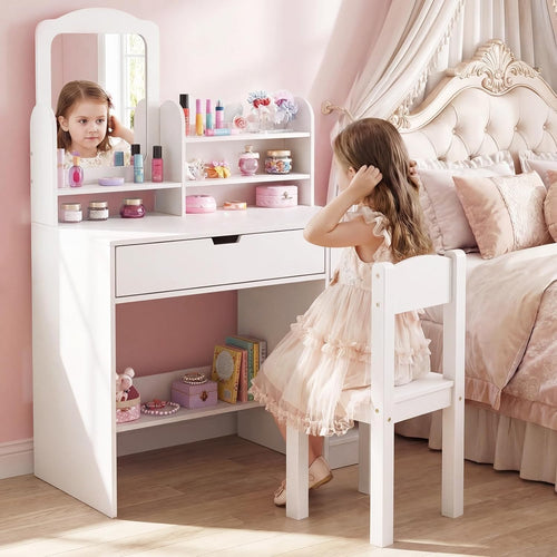 Olakids Kids Vanity Table & Chair Set, Princess Makeup Desk with Mirror, Storage Shelves & Drawers, Pretend Playset for Girls 3+