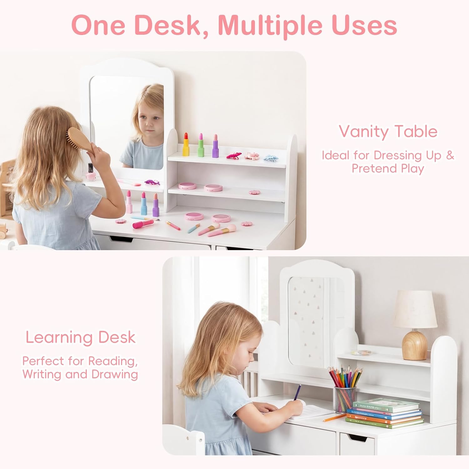 Olakids Kids Vanity Table & Chair Set, Princess Makeup Desk with Mirror, Storage Shelves & Drawers, Pretend Playset for Girls 3+