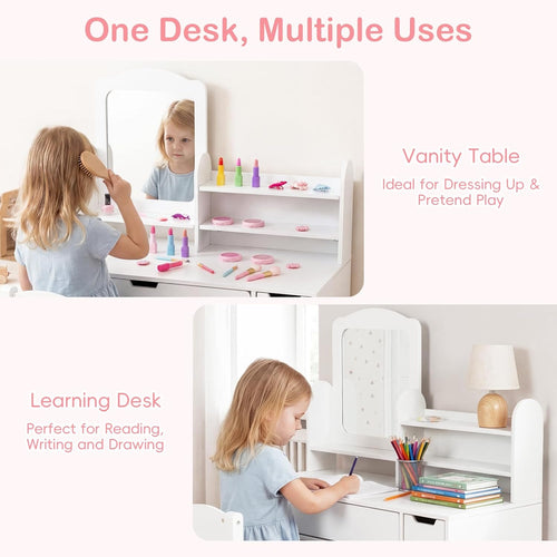 Olakids Kids Vanity Table & Chair Set, Princess Makeup Desk with Mirror, Storage Shelves & Drawers, Pretend Playset for Girls 3+