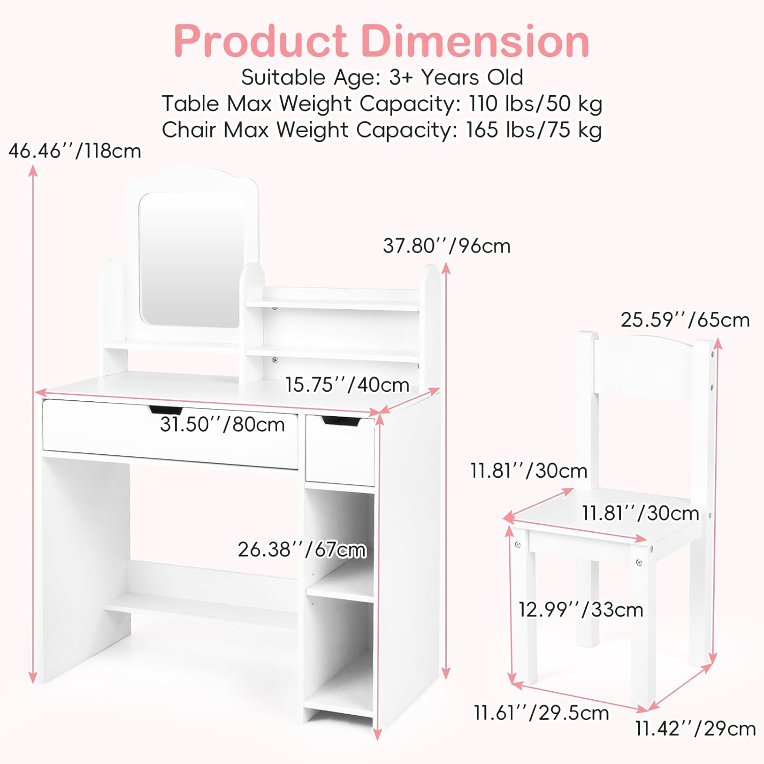 Olakids Kids Vanity Table & Chair Set, Princess Makeup Desk with Mirror, Storage Shelves & Drawers, Pretend Playset for Girls 3+
