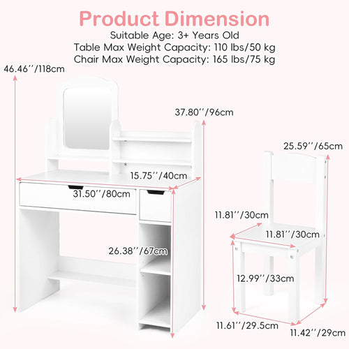 Olakids Kids Vanity Table & Chair Set, Princess Makeup Desk with Mirror, Storage Shelves & Drawers, Pretend Playset for Girls 3+