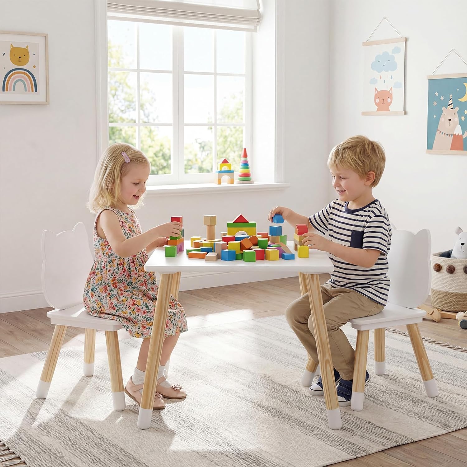 OLAKIDS Table and Chair Set, Wooden Toddler 3-Piece Desk for Playing Eating Drawing Reading Art Crafts