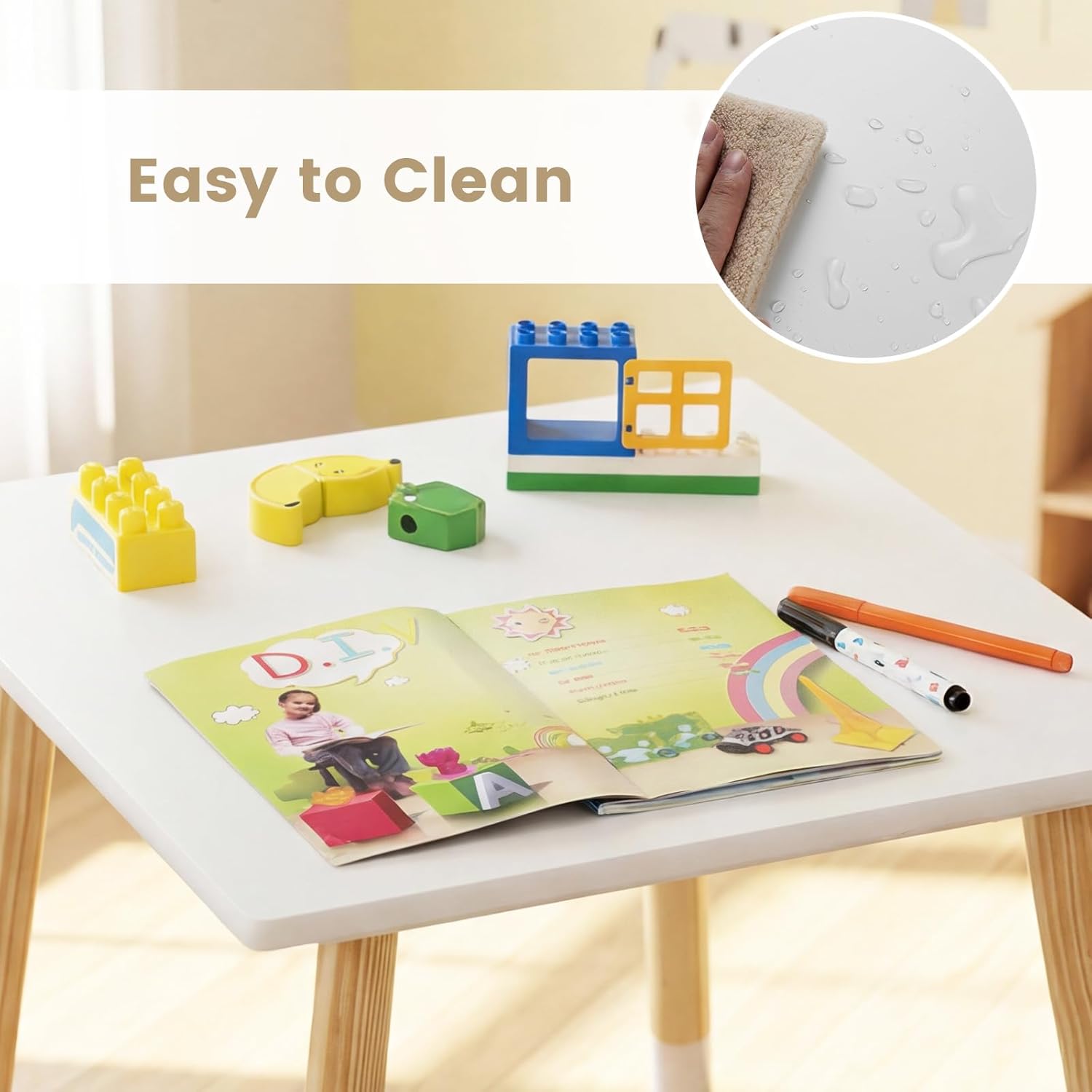 OLAKIDS Table and Chair Set, Wooden Toddler 3-Piece Desk for Playing Eating Drawing Reading Art Crafts