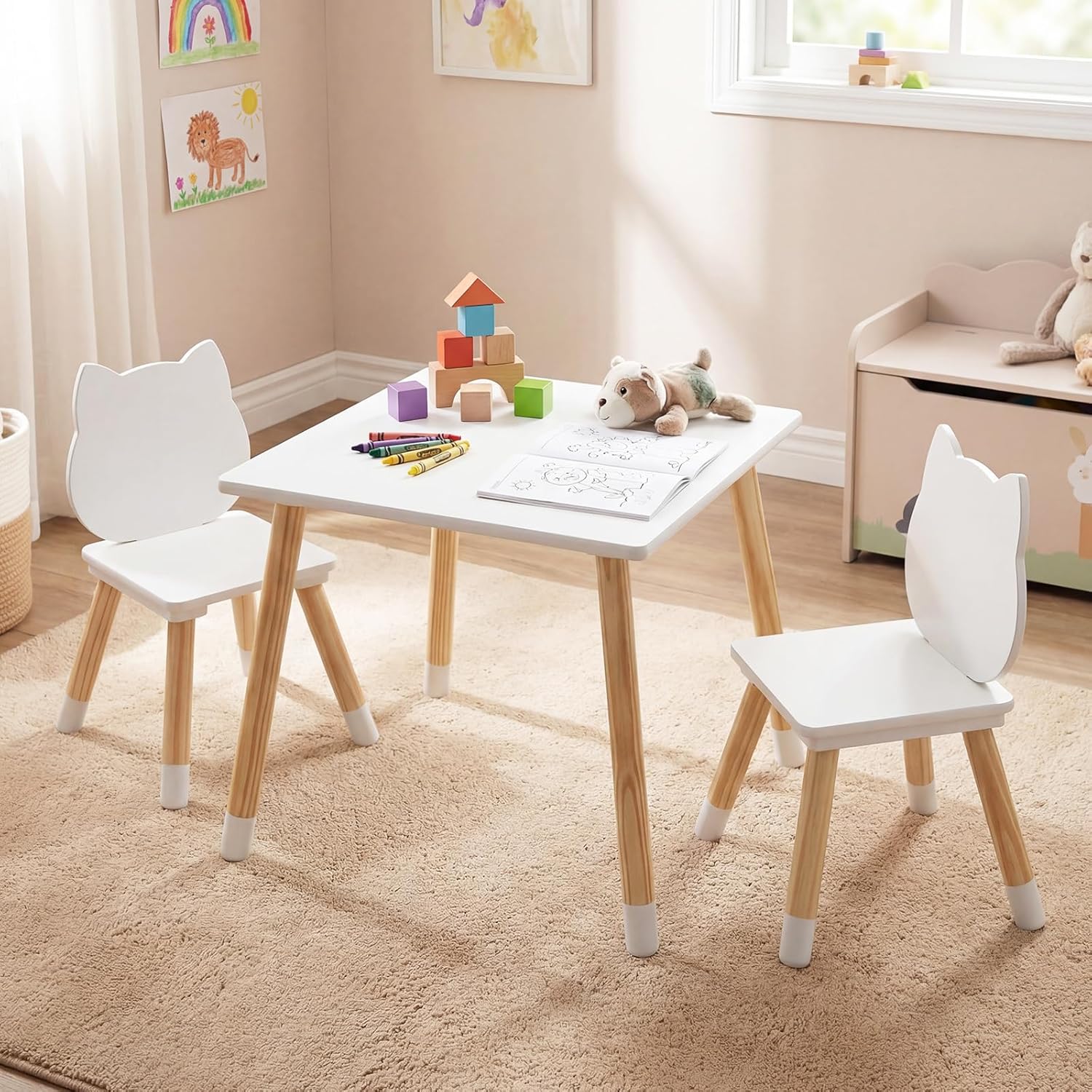 OLAKIDS Table and Chair Set, Wooden Toddler 3-Piece Desk for Playing Eating Drawing Reading Art Crafts