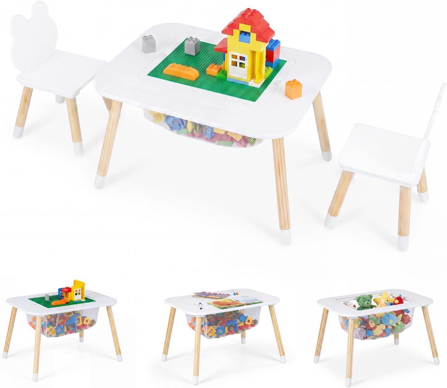 Olakids Kids Table and Chair Set, 4 in 1 Wooden Building Blocks Activity Desk with Reversible Tabletop Storage Basket