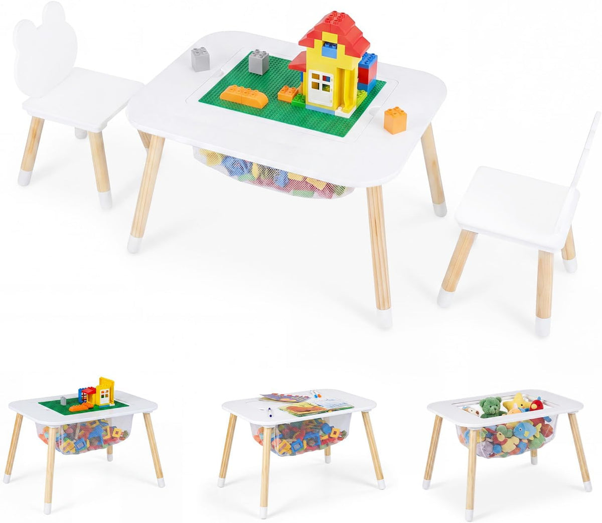 Olakids Kids Table and Chair Set, 4 in 1 Wooden Building Blocks Activity Desk with Reversible Tabletop Storage Basket