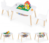 Olakids Kids Table and Chair Set, 4 in 1 Wooden Building Blocks Activity Desk with Reversible Tabletop Storage Basket