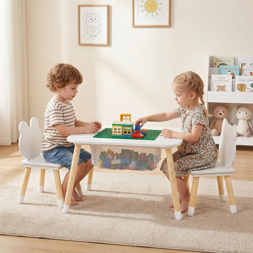 Olakids Kids Table and Chair Set, 4 in 1 Wooden Building Blocks Activity Desk with Reversible Tabletop Storage Basket