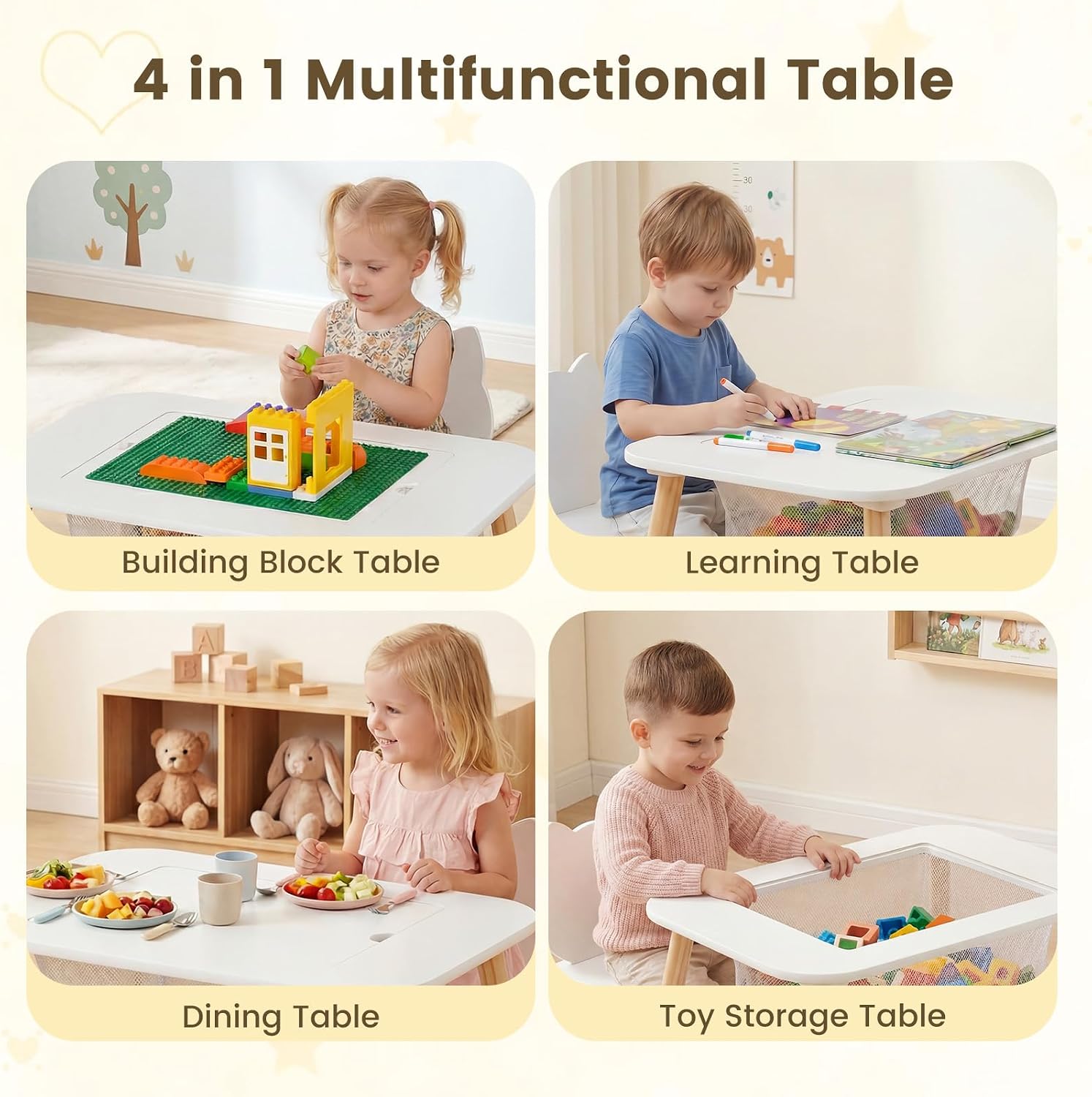 Olakids Kids Table and Chair Set, 4 in 1 Wooden Building Blocks Activity Desk with Reversible Tabletop Storage Basket