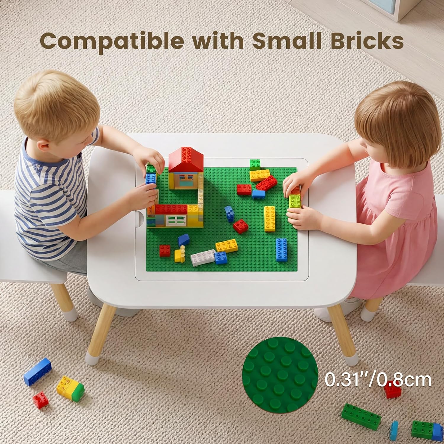 Olakids Kids Table and Chair Set, 4 in 1 Wooden Building Blocks Activity Desk with Reversible Tabletop Storage Basket