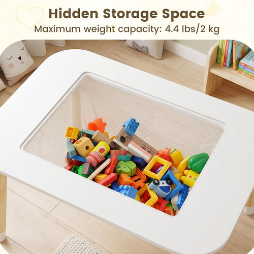 Olakids Kids Table and Chair Set, 4 in 1 Wooden Building Blocks Activity Desk with Reversible Tabletop Storage Basket