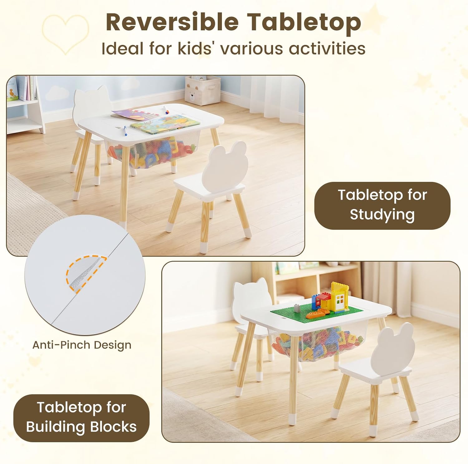 Olakids Kids Table and Chair Set, 4 in 1 Wooden Building Blocks Activity Desk with Reversible Tabletop Storage Basket