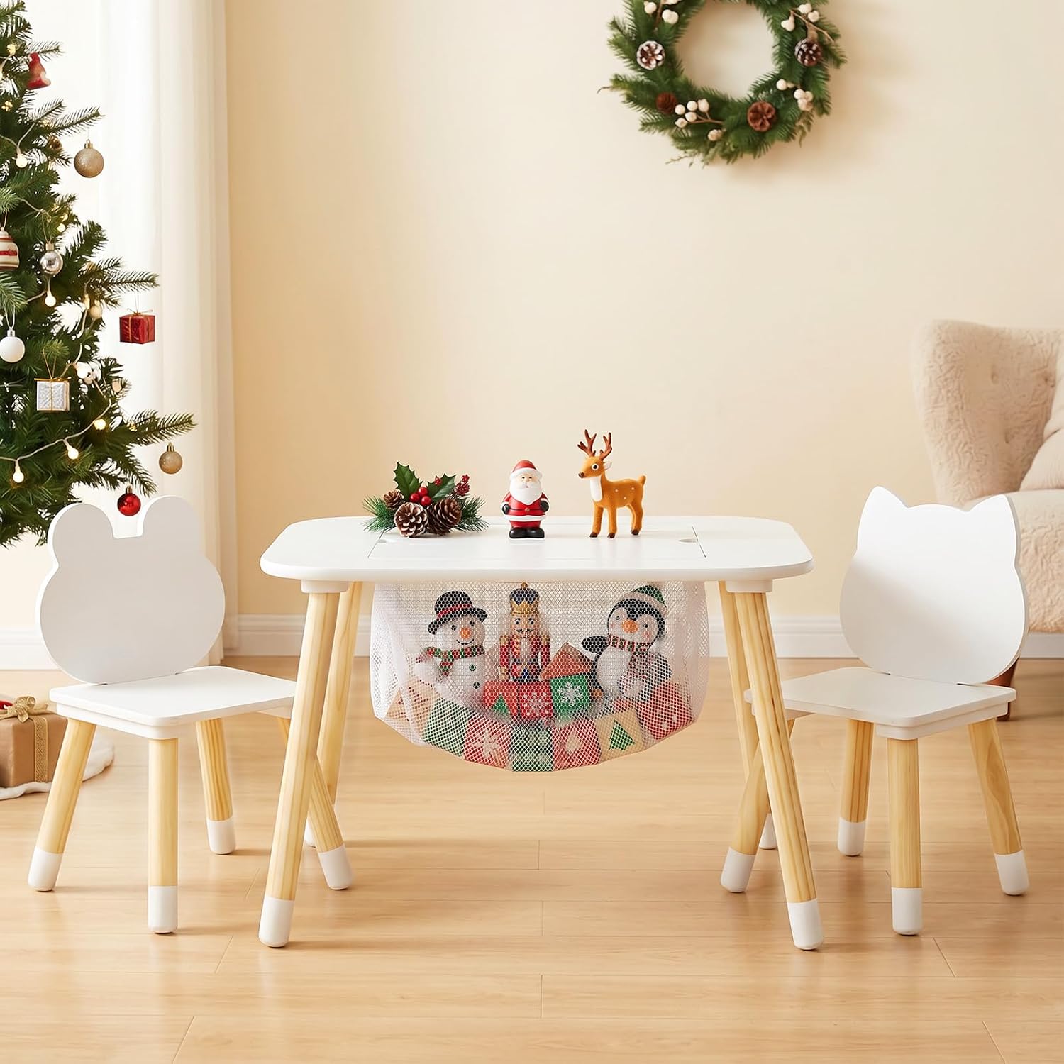 Olakids Kids Table and Chair Set, 4 in 1 Wooden Building Blocks Activity Desk with Reversible Tabletop Storage Basket