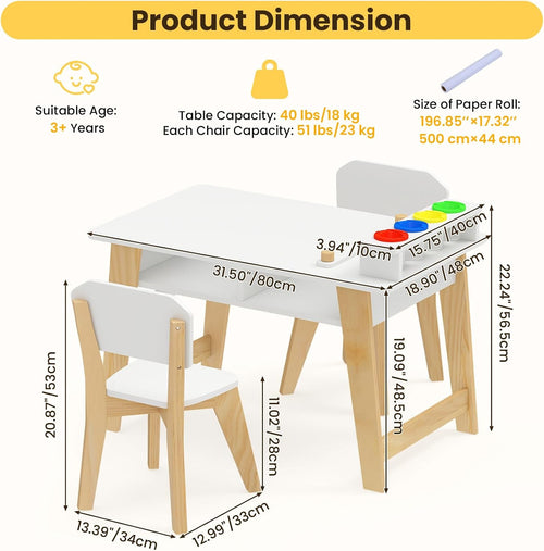 Olakids Kids Art Table and Chair Set, Wooden Multi Activity Desk with Roll Paper 2 Storage Shelves 4 Paint Cups