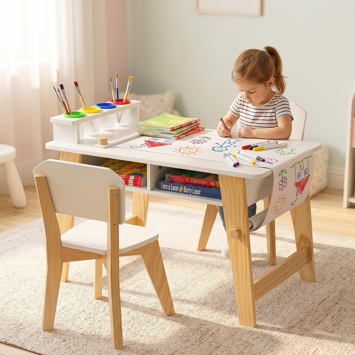 Olakids Kids Art Table and Chair Set, Wooden Multi Activity Desk with Roll Paper 2 Storage Shelves 4 Paint Cups
