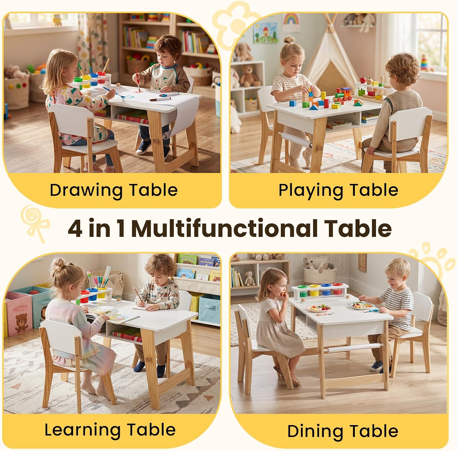 Olakids Kids Art Table and Chair Set, Wooden Multi Activity Desk with Roll Paper 2 Storage Shelves 4 Paint Cups