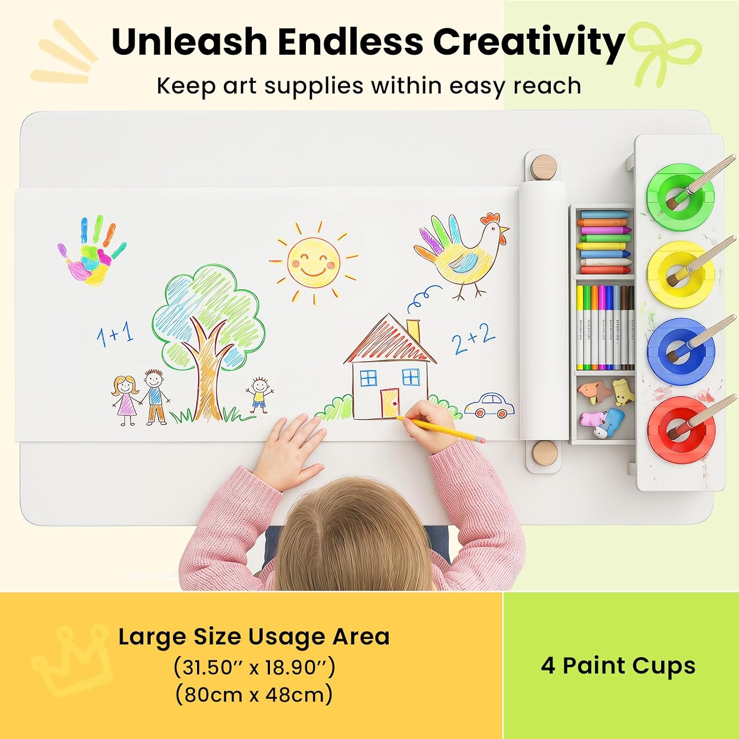 Olakids Kids Art Table and Chair Set, Wooden Multi Activity Desk with Roll Paper 2 Storage Shelves 4 Paint Cups