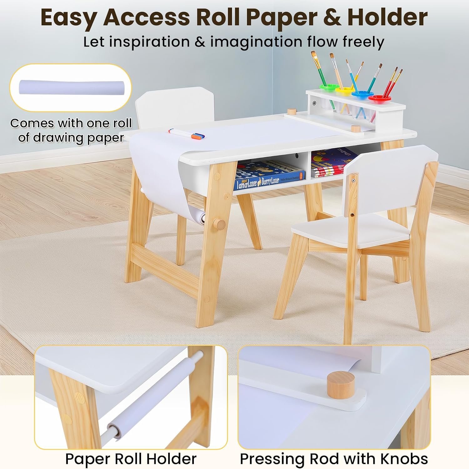 Olakids Kids Art Table and Chair Set, Wooden Multi Activity Desk with Roll Paper 2 Storage Shelves 4 Paint Cups