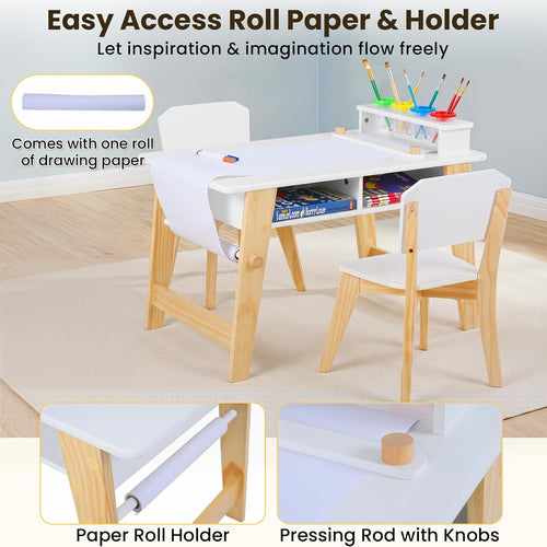 Olakids Kids Art Table and Chair Set, Wooden Multi Activity Desk with Roll Paper 2 Storage Shelves 4 Paint Cups