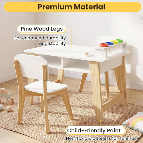 Olakids Kids Art Table and Chair Set, Wooden Multi Activity Desk with Roll Paper 2 Storage Shelves 4 Paint Cups