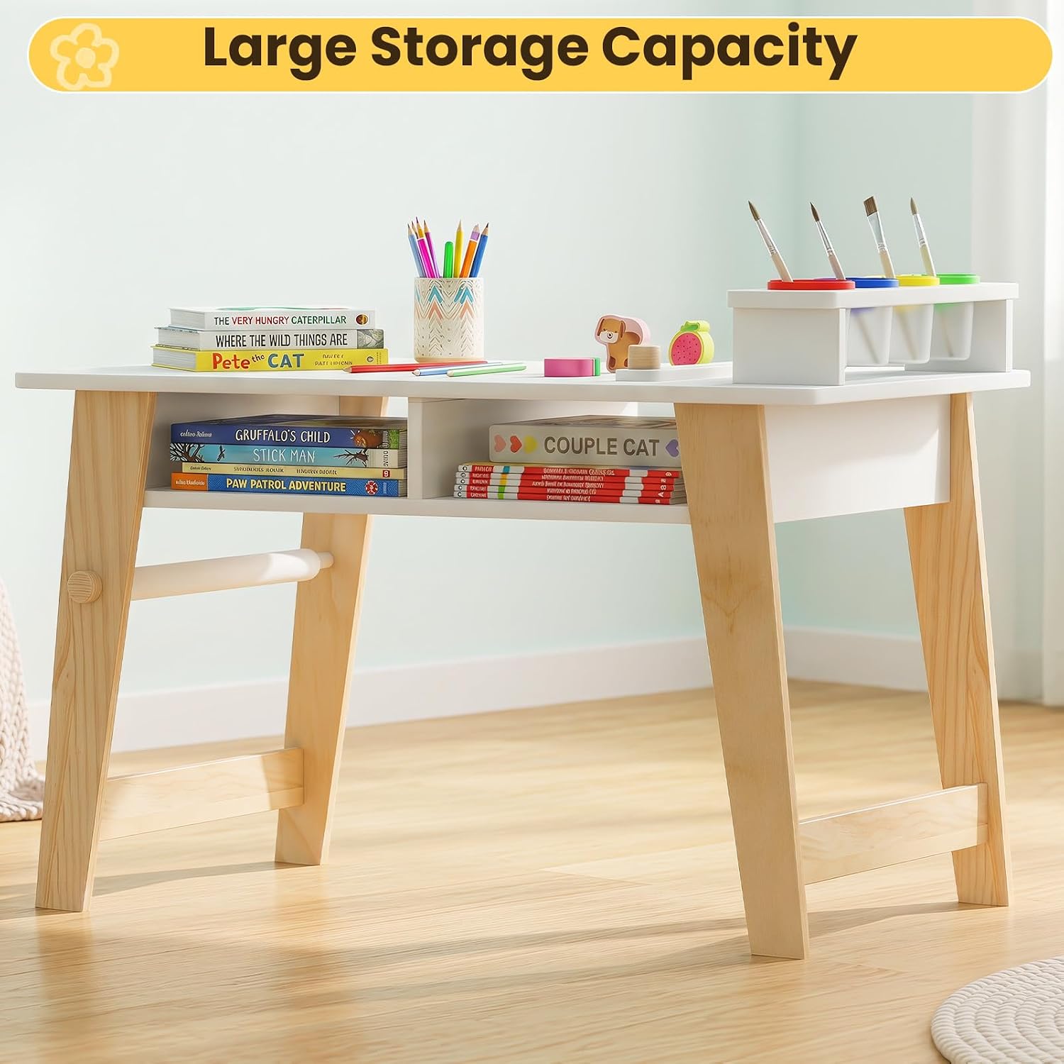 Olakids Kids Art Table and Chair Set, Wooden Multi Activity Desk with Roll Paper 2 Storage Shelves 4 Paint Cups