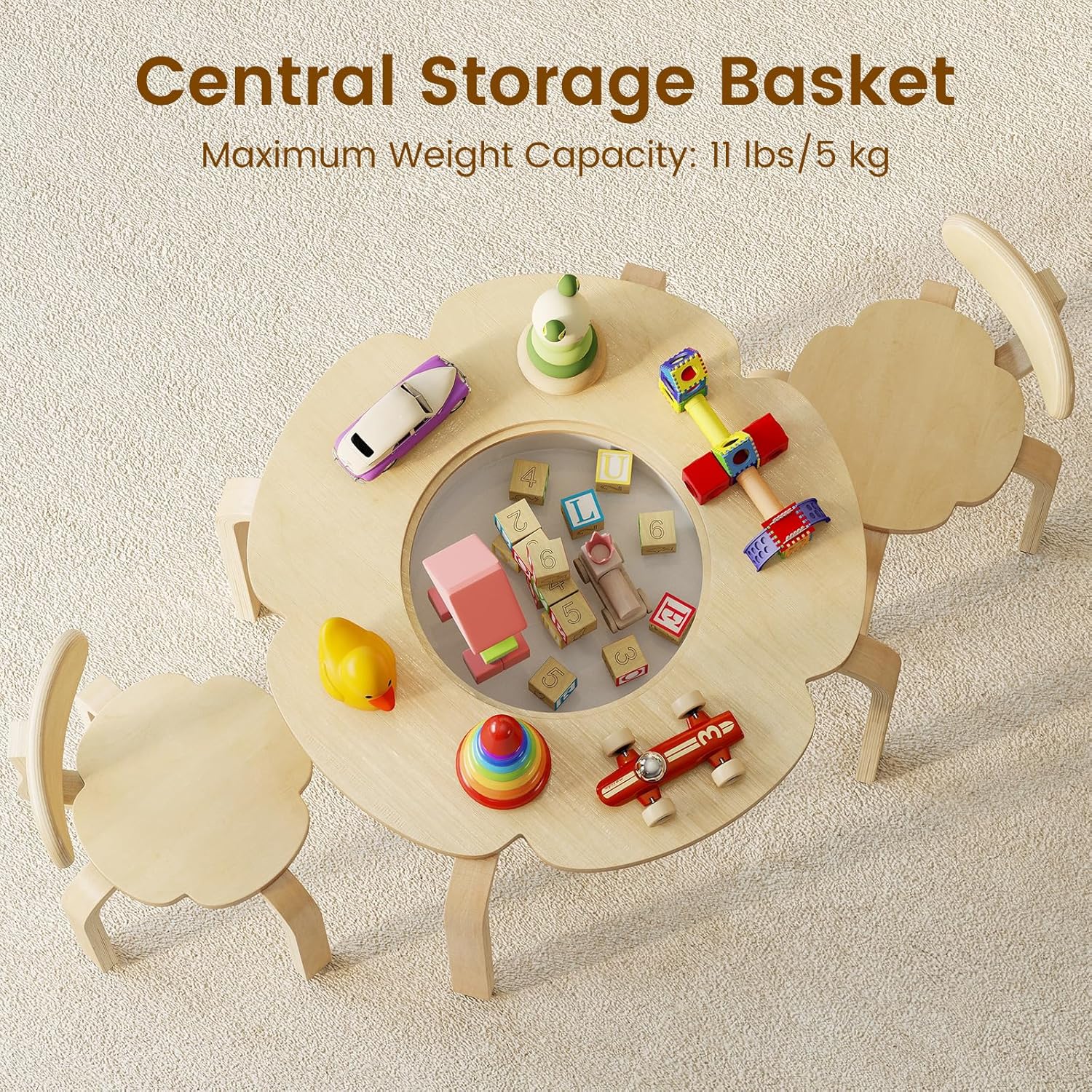 OLAKIDS Wooden Kids Table and Chair Set with Storage Basket 3-Piece Toddler Activity Furniture