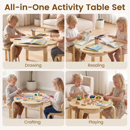 OLAKIDS Wooden Kids Table and Chair Set with Storage Basket 3-Piece Toddler Activity Furniture