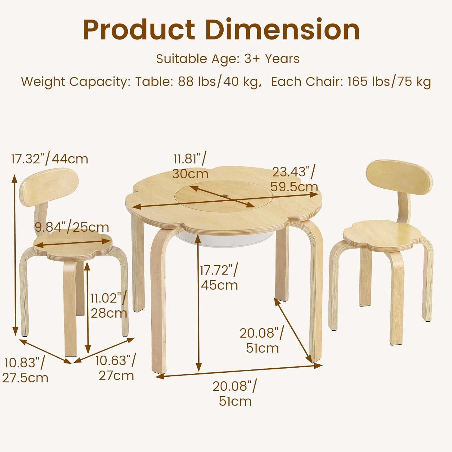 OLAKIDS Wooden Kids Table and Chair Set with Storage Basket 3-Piece Toddler Activity Furniture