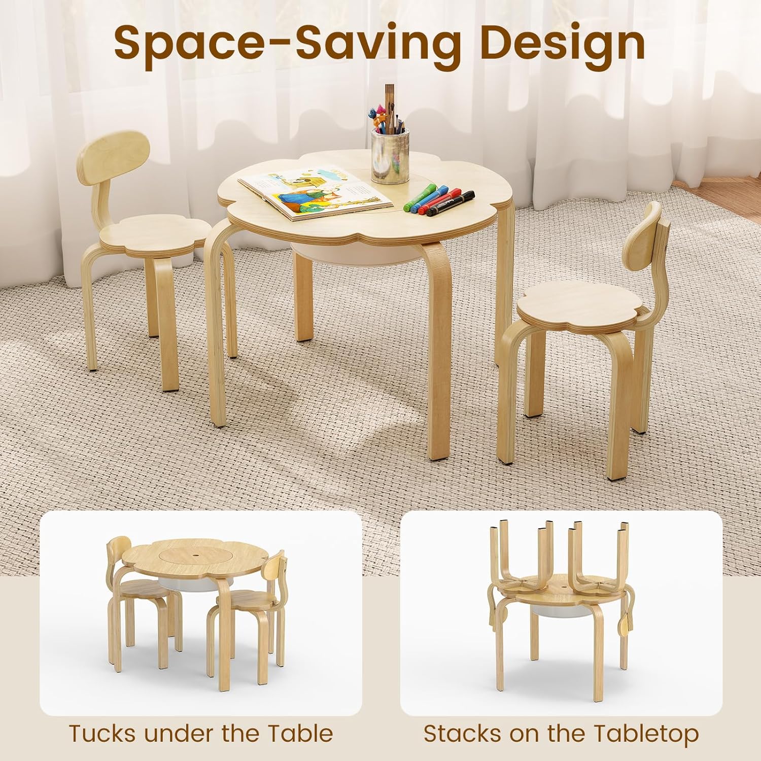 OLAKIDS Wooden Kids Table and Chair Set with Storage Basket 3-Piece Toddler Activity Furniture